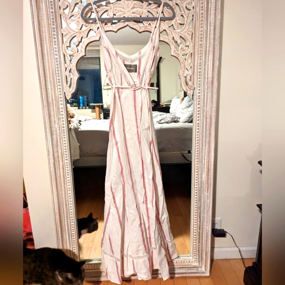 Reformation 100% linen red and white maxi wrap dress with lace, size small